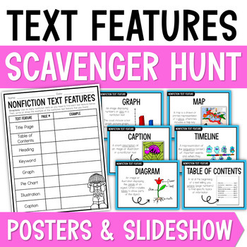 Preview of Nonfiction Text Features Scavenger Hunt Worksheet | Text Features Posters Slides