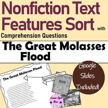 Preview of Nonfiction Text Features Sort "The Great Molasses Flood" with questions