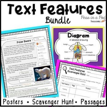 Preview of Nonfiction Text Features Anchor Charts Poster Scavenger Hunt Worksheets Passages