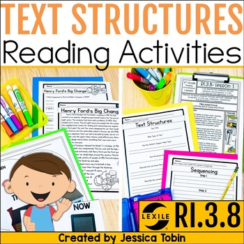 Preview of Text Structure Worksheets, Anchor Charts, Passages, Task Cards RI.3.8 3rd Grade