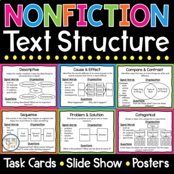 Preview of Nonfiction Text Structure Task Cards - Posters - Graphic Organizer - Slideshow
