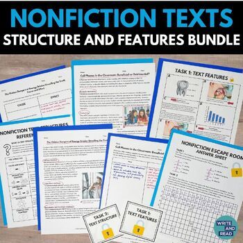 Preview of Nonfiction Text Structure and Features Bundle - Articles and Escape Room