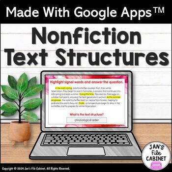 Preview of Nonfiction Text Structures Lesson, Practice and Quiz GRADES 5-8 Google Apps