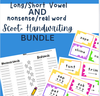 Preview of Nonsense Vs Real Word + Long/ Short Vowel Scoot/Sort + Handwriting Bundle