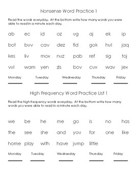 Preview of Dibels Test Practice Nonsense Words and Benchmark High Frequency Word Practice