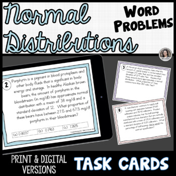 Preview of Normal Distributions Word Problems Print and Digital Google™ Slides Task Cards