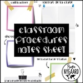 Normas de la clase/Classroom Procedures Notes Sheet