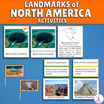 Preview of North America Continent Landmarks Montessori 4 Part Cards Geography Activity