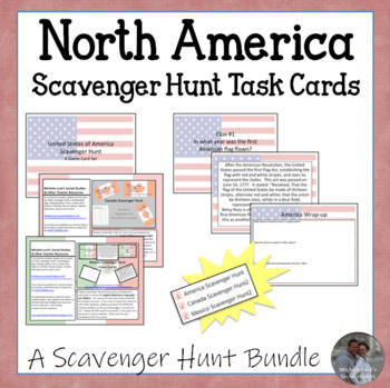 Preview of North America Scavenger Hunt Task Cards Bundle 3 Country Set -CCSS, Review, Fun!