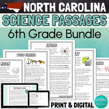 Preview of North Carolina 6th Grade Science Reading Comprehension BUNDLE of 28 Passages