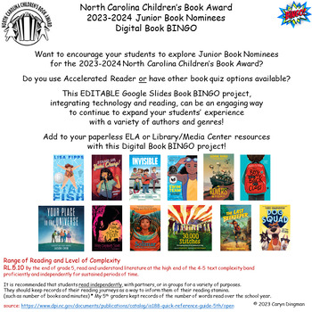 Preview of North Carolina CBA 2023-2024 Junior Book Nominees Grades 4-6 Digital Book BINGO