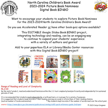 Preview of North Carolina CBA 2023-2024 Picture Book Nominees Grades K-5 Digital Book BINGO