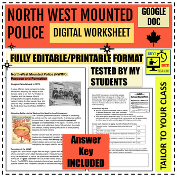 Preview of North West Mounted Police Digital Worksheet (Fully Editable/Answer Key)