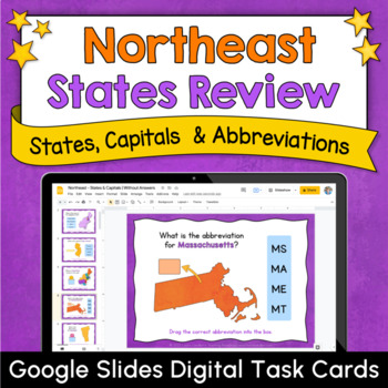 Preview of Northeast States Google Slides Task Cards⏐States, Capitals & Abbreviations