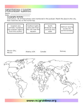 Preview of Northern Lights World Map Skills Activity Practice Locating