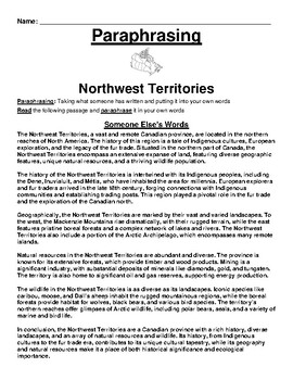 Preview of Northwest Territories Paraphrasing Worksheet (Canada)