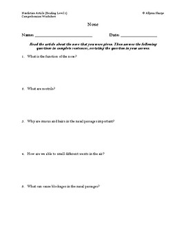 Preview of Nose Article (Reading Level 1) Comprehension Worksheet