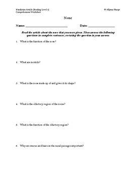 Preview of Nose Article (Reading Level 2) Comprehension Worksheet