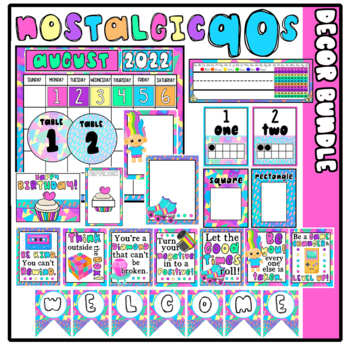 Preview of Nostalgic 90s Classroom Decor Bundle Retro Bright Theme w/T-Shirt Design