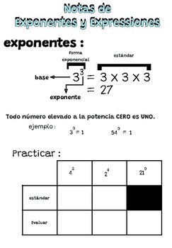 Preview of Notas de Exponentes y Expressiones - Exponents and Expression Notes - Spanish