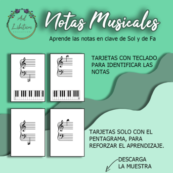 Preview of Notas musicales - Tarjetas Imprimibles - Clave de Sol - Clave de Fa - Piano -