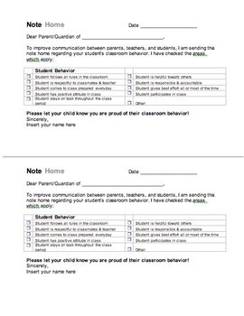 Preview of Free Note Home to Parent/Guardian for Student Performance & Behavior