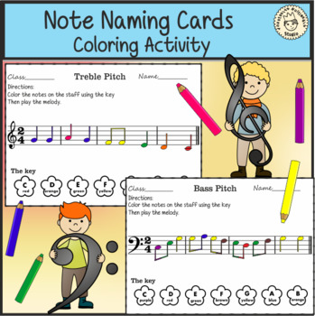 Preview of Music Note Naming Coloring Activity for Kids | Exit tickets | Treble & Bass