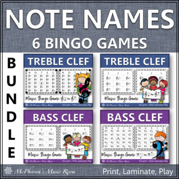 Preview of Note Names Music Bingo Games Treble Clef & Bass Clef Bundle