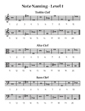 Note Naming Worksheets - 3 Levels - Treble, Alto, and Bass Clefs