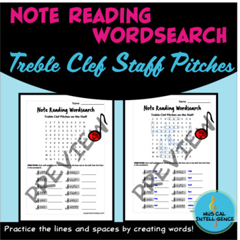 Preview of Music Note Reading Word Search - Treble Clef Pitches on the Staff