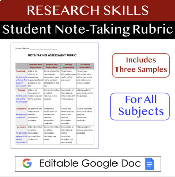 Preview of Note-Taking Rubric & Student Samples| Research Skills for All Subjects (Digital)
