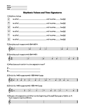 Preview of Note Value and Time Signature Music Quiz, Test, or Worksheet