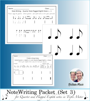 Preview of Note Writing Packet (Set 3) Quarter & Flagged Eighth Notes + Rubric & Printables