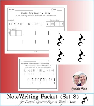 Preview of Note Writing Packet (Set 8) Dotted Quarter Rest + Rubric and Printables
