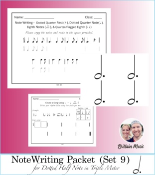 Preview of Note Writing Packet (Set 9) Dotted Half Note + Rubric and Printables