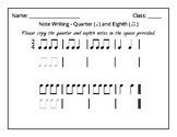 Note Writing Worksheet - Quarter Note and Eighth Notes