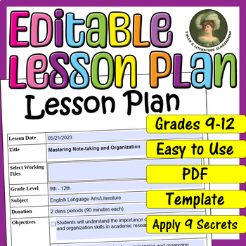 Preview of Note taking and Organization : Editable Lesson Plan for High School