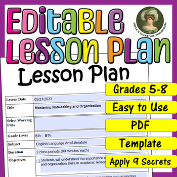 Preview of Note taking and Organization : Editable Lesson Plan for Middle School