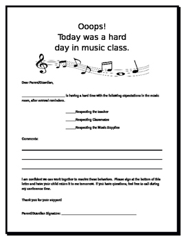 Preview of Note to Parent/Guardian from Music Class