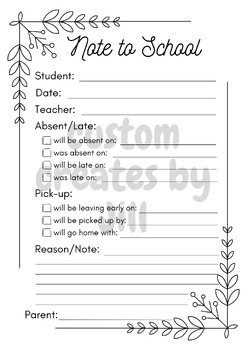Preview of Note to School Absence 5.5x8.5 Printable (2 per page)