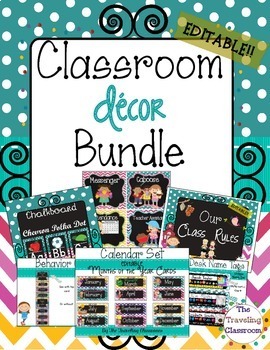 Preview of Chalkboard Chevron Polka Dot Theme Editable Classroom Decor Bundle
