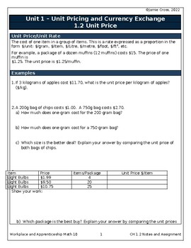 Preview of Notes: Chapter 1.2 - Unit Price (editable Word document)