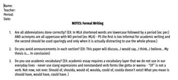 Preview of Notes: Formal Writing Rules for Accelerated/Advanced Writers ELA 9-10 (EDITABLE)