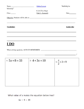 Preview of Notes, Worksheets, and Online Lessons for Solving Two-Step Equations