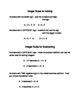 Preview of Notes for Adding and Subtracting Integers