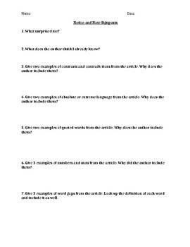 Preview of Notice and Note signposts worksheet