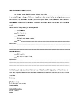 Preview of Notification of Failing Student - Letter to Parent - Easy and Editable