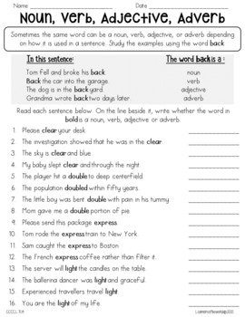 Identifying Nouns Verbs Adjectives And Adverbs Worksheets With Answers