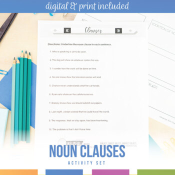 Preview of Noun Clauses Presentation, Worksheet, Graphic Organizer, Activity, Quiz
