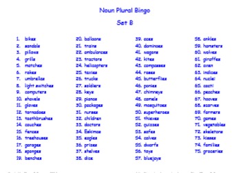 Noun Plural Bingo Games by Classy Colleagues | TPT